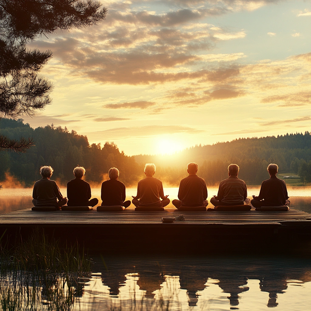 Медитація в групі на заході сонця